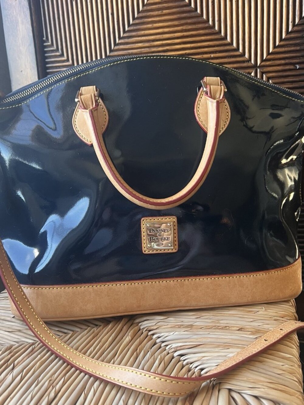 Dooney & Bourke Navy Patent Leather Satchel Bag Tan Trim Top Handle Purse